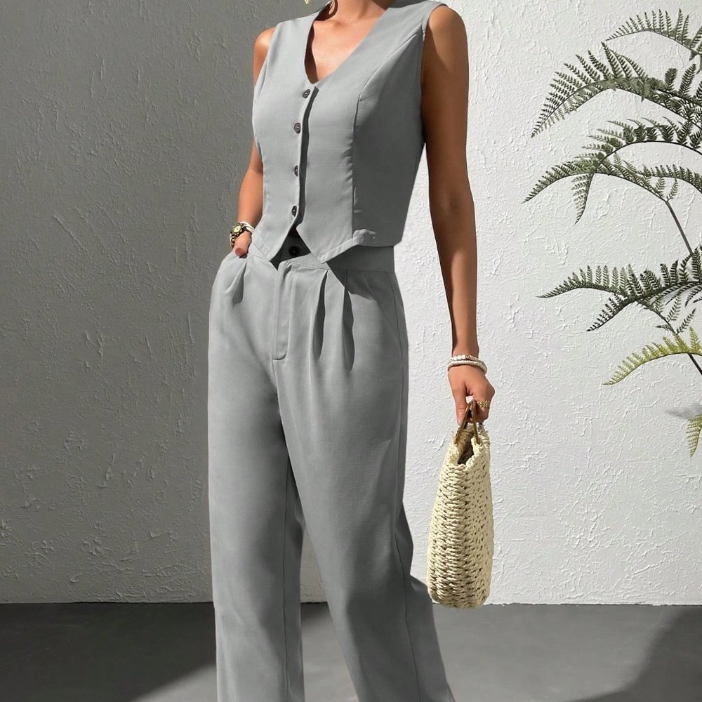 Chic Button Front Vest Blazer & Pants Suit Set Grey - Picture 4 of 5